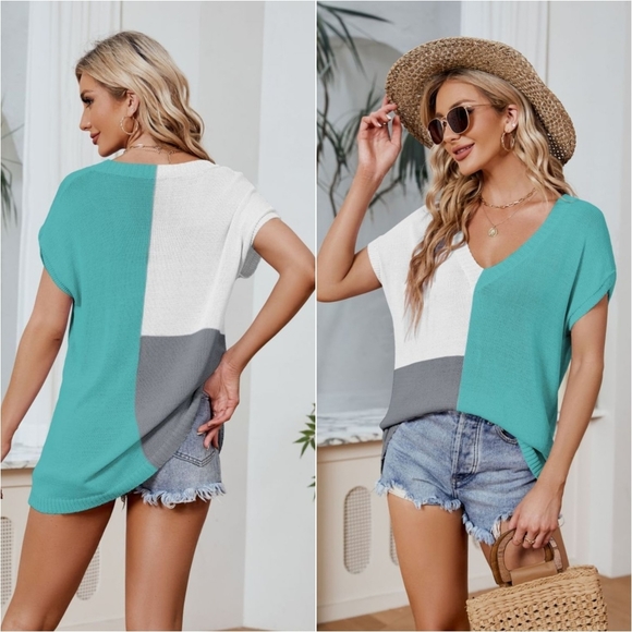 Color Block Knit Top - Teal - Picture 2 of 5